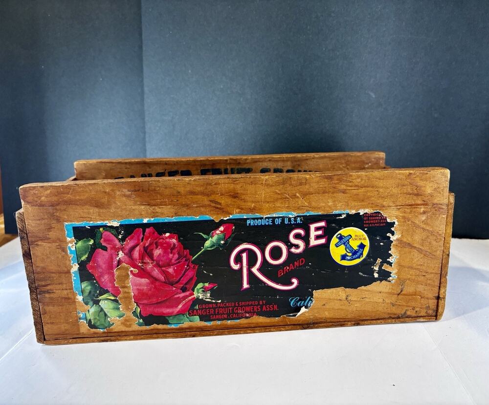 Vintage Rose Brand Wood Fruit Crate Sanger CA Advertising Farmhouse Decor